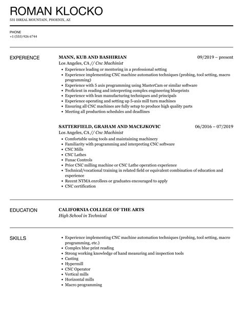 free cnc machinist resume samples